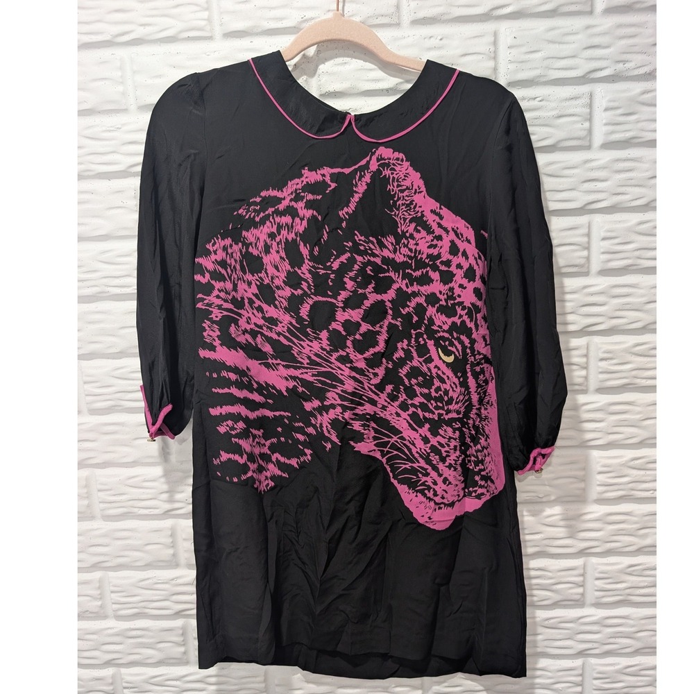 Juicy Couture Silk Pink Leopard Graphic Peter Pan Collar Shift Dress Black 6